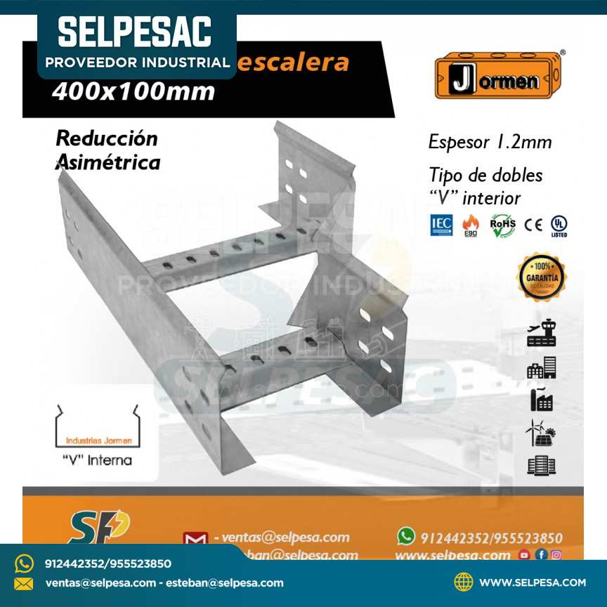 JORMEN - BANDEJA TIPO ESCALERA REDUCCIÓN ASIMÉTRICA 400X100MM UL