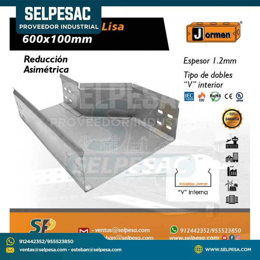 JORMEN - BANDEJA TIPO LISA REDUCCIÓN ASIMÉTRICA 600X100MM UL