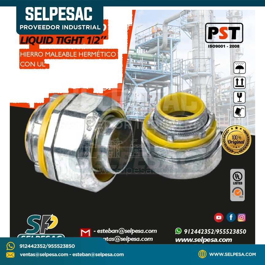 PROSTAR - CONECTOR RECTO LIQUID TIGHT 1/2´´ HIERRO MALEABLE C/UL