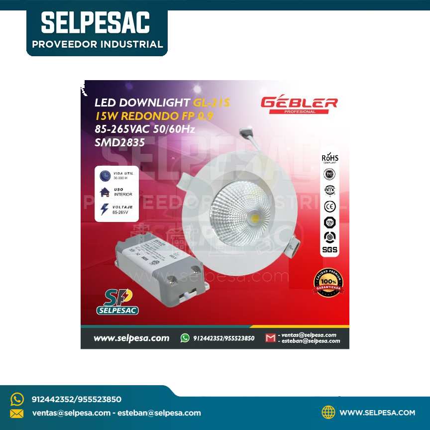 GEBLER  - LED DOWNLIGHT GL-21S 15W REDONDO FP0.6 85-265VAC 50/60Hz SMD