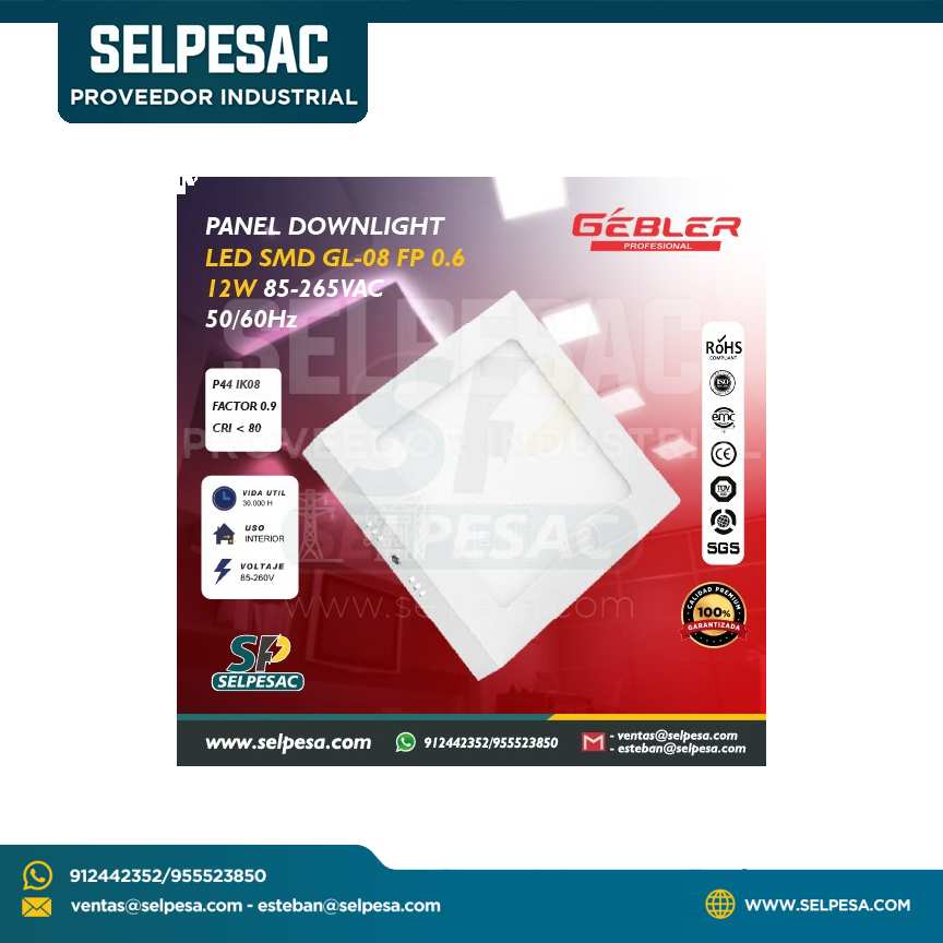 GEBLER  - PANEL DOWNLIGHT LED SMD GL-08 FP0.6 12W 85-26VAC 50/60Hz