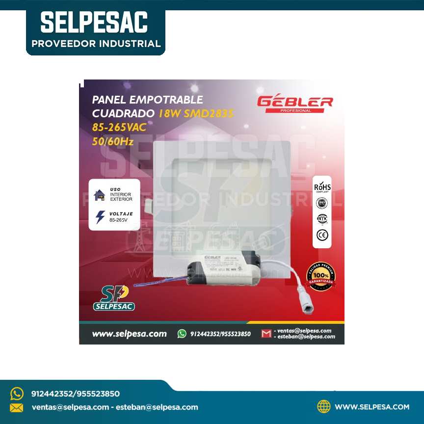 GEBLER - PANEL EMPOTRABLE CUADRADO 18W 85-265VAC 50/60Hz LED SMD