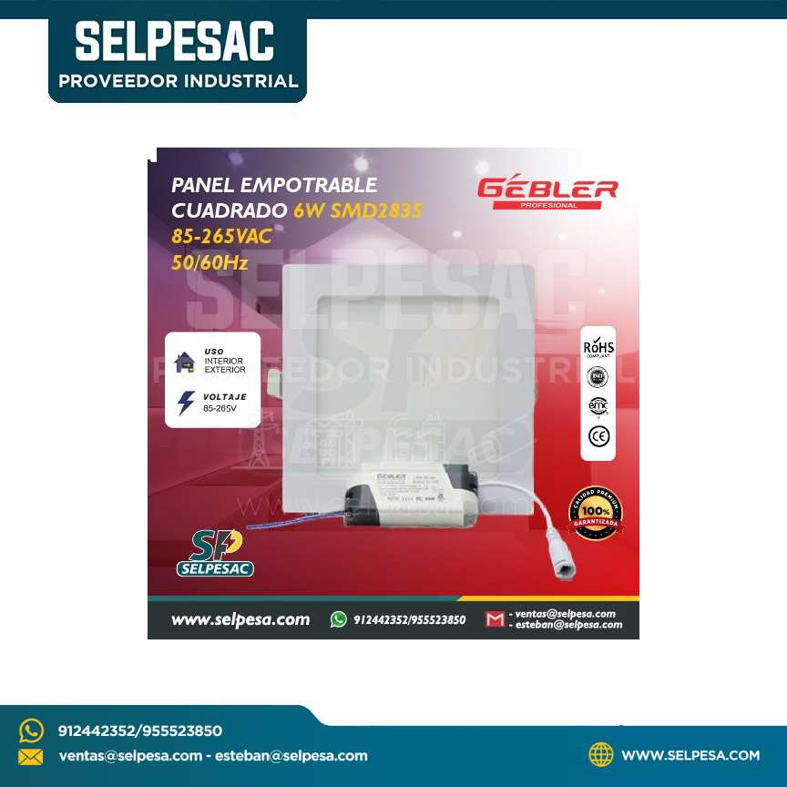 GEBLER - PANEL EMPOTRABLE LED CUADRADO - 6W 85-265VAC 50/60Hz SMD