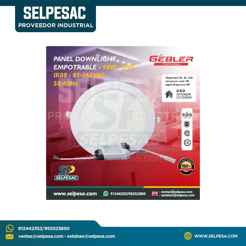 GEBLER - PANEL DOWNLIGHT EMPOTRABLE - 18W IP65 IK08 85-265VAC 50/60Hz