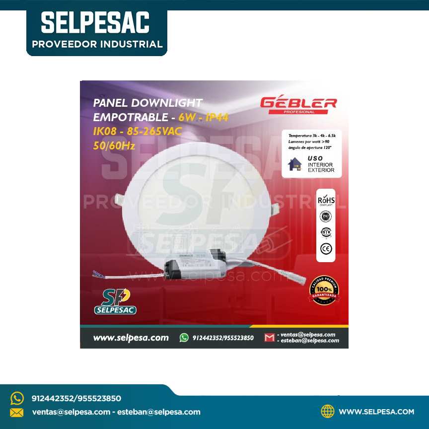 GEBLER - PANEL DOWNLIGHT LED EMPOTRABLE 6W - IP44 IK08 50/60Hz
