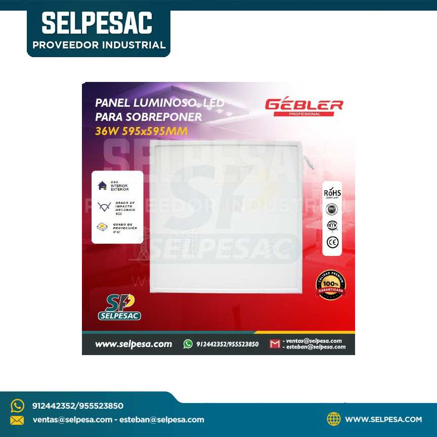 GEBLER -PANEL LUMINOSO LED PARA SOBREPONER 36W 595X595MM
