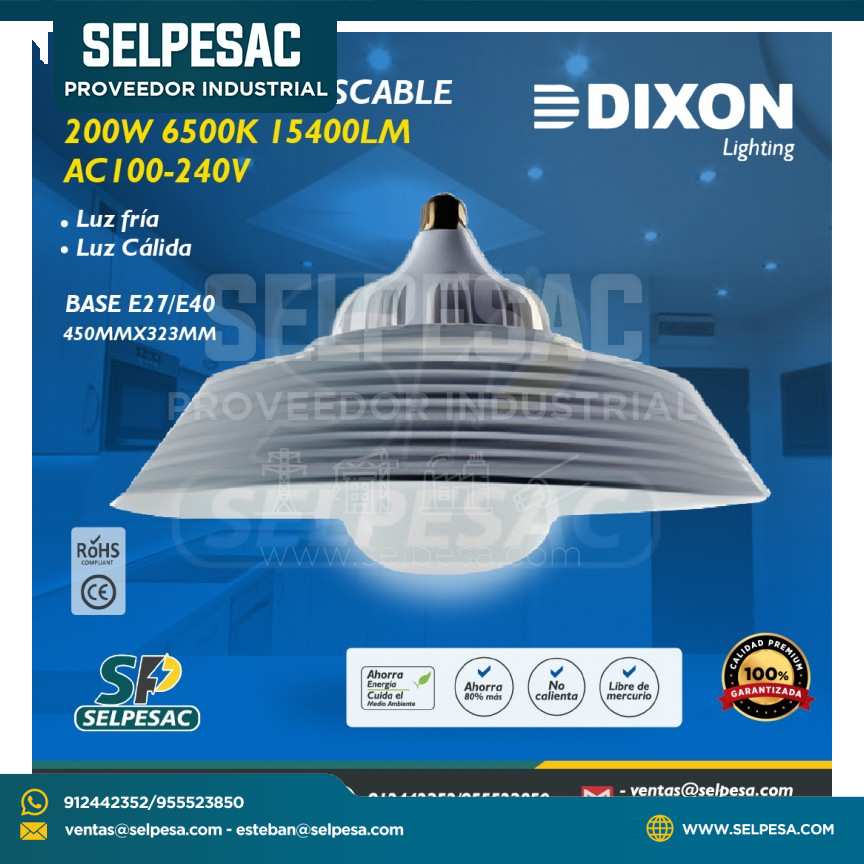 DIXON - CAMPANA ENROSCABLE 200W 6500K 15400LM AC100-240V LUZ FRÍA-CÁLIDA