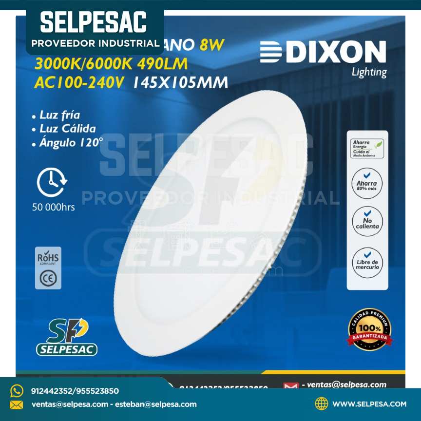 DIXON - DOWNLIGHT PLANO 8W 3000/6000K 490LM AC 100-240V