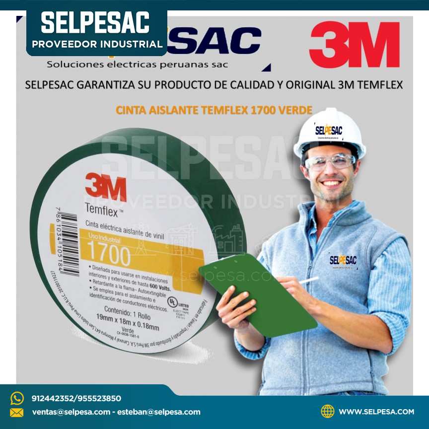 CINTA AISLANTE VINIL TEMFLEX 1700 VERDE 3M