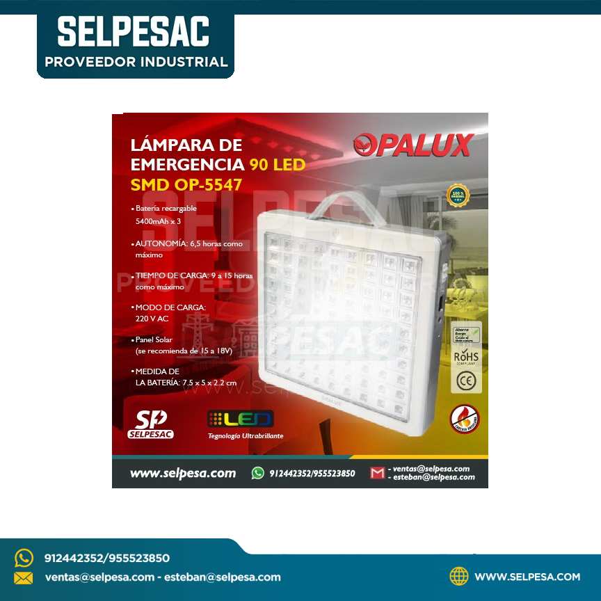 OPALUX - LUZ DE EMERGENCIA 90 LED SMD CUADRADA