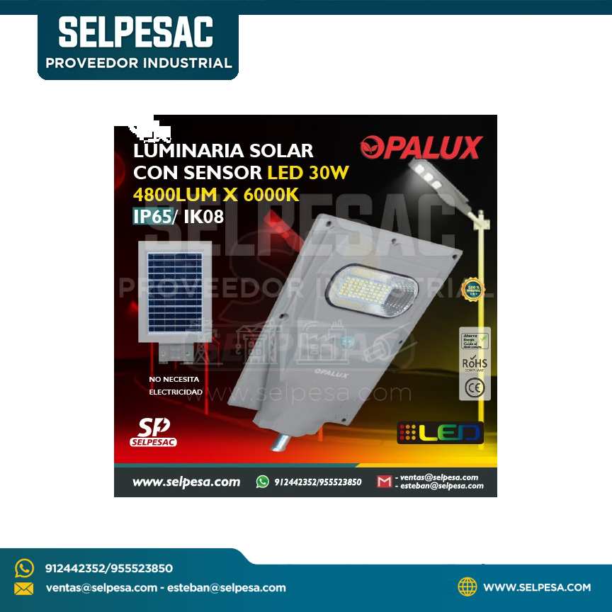 LUMINARIA SOLAR PARA PASTORAL LED 30W 6500K 50,000 HRS IP65 OP-A30W
