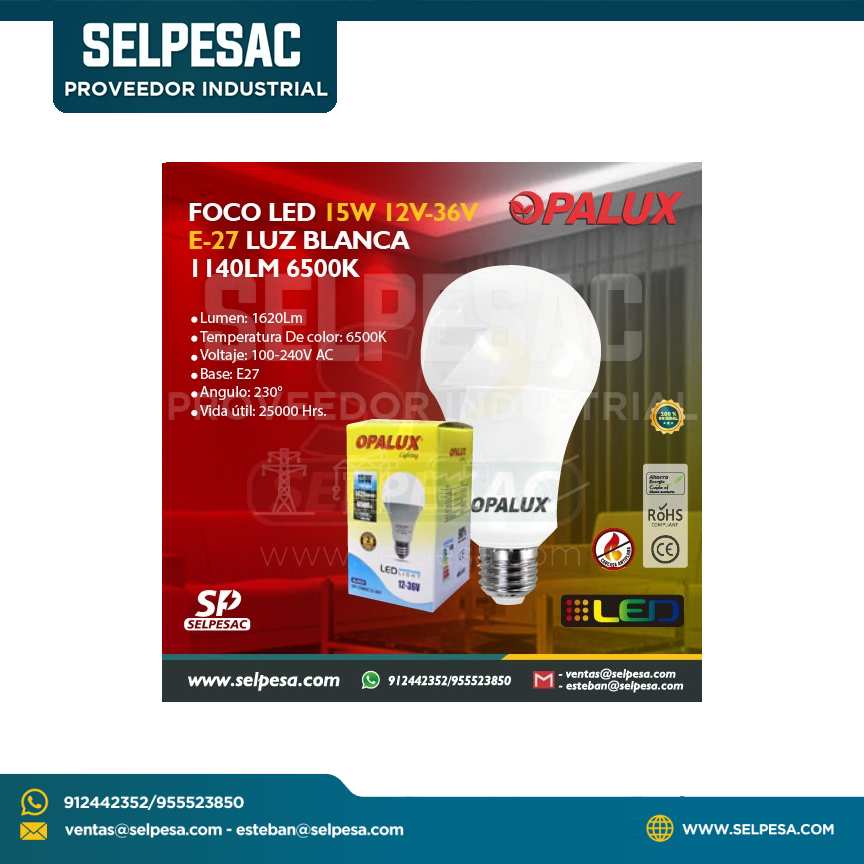 OPALUX - FOCO LED 15W 12V-36V E-27 LUZ BLANCA 1140LM 6500K