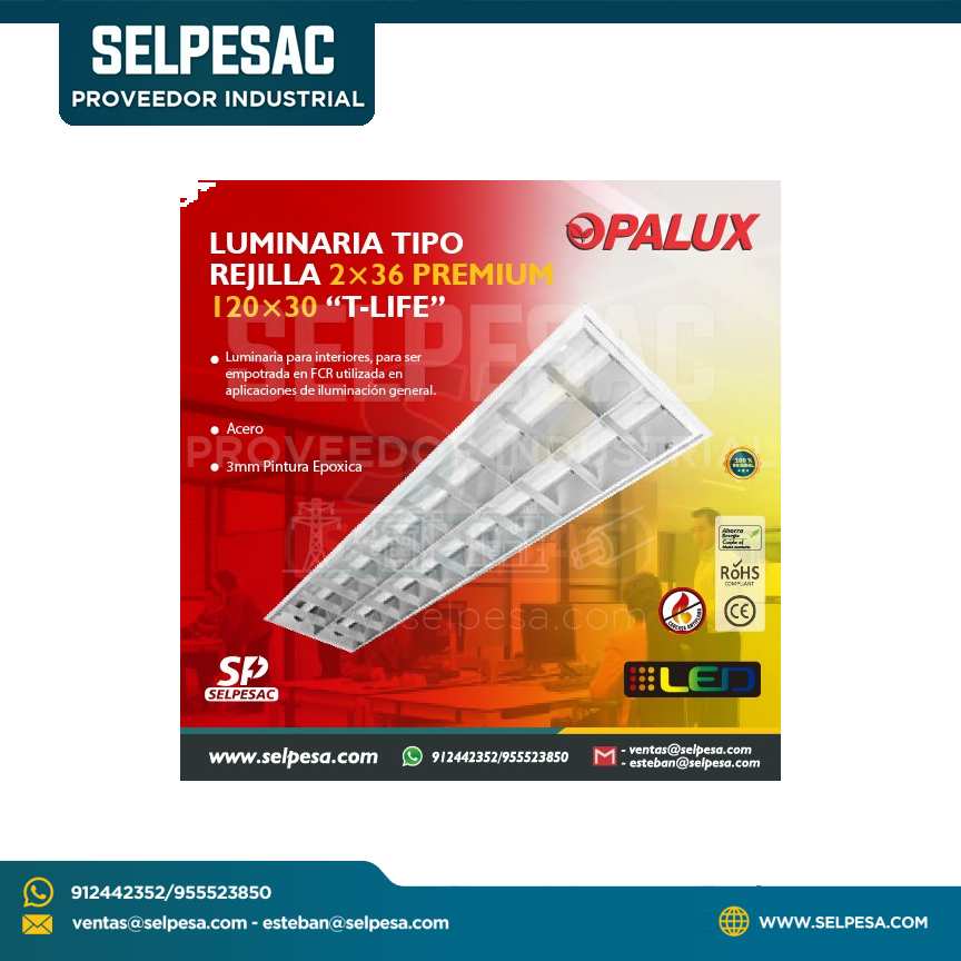 OPALUX - LUMINARIA TIPO REJILLA 2X36 PREMIUM 12X30 ´´T-LIFE´´