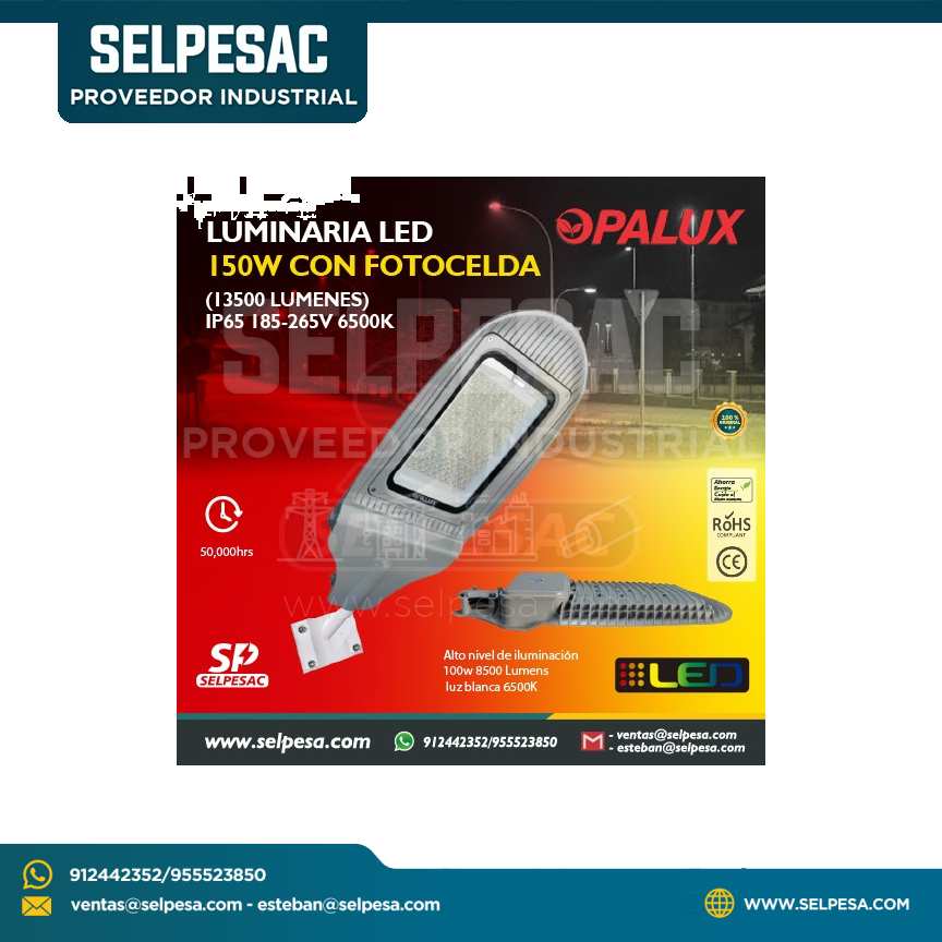 OPALUX - LUMINARIA LED 150W CON FOTOCELDA 13500 LUMENES IP65 185-265V 6500K