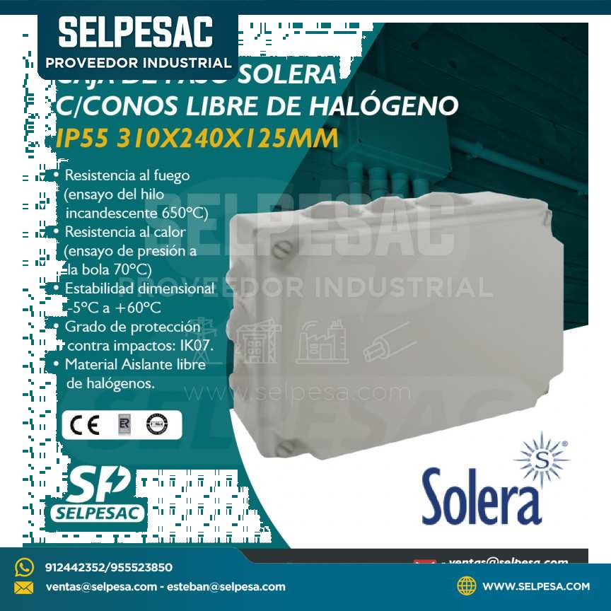 SOLERA - CAJA DE PASO C/CONOS LIBRE DE HALÓGENO IP 55 310X240X125MM