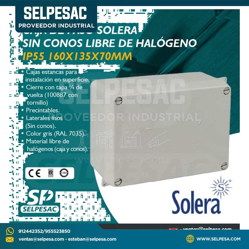 SOLERA - CAJA DE PASO S/CONOS LIBRE DE HALÓGENO IP 55 160X135X70MM