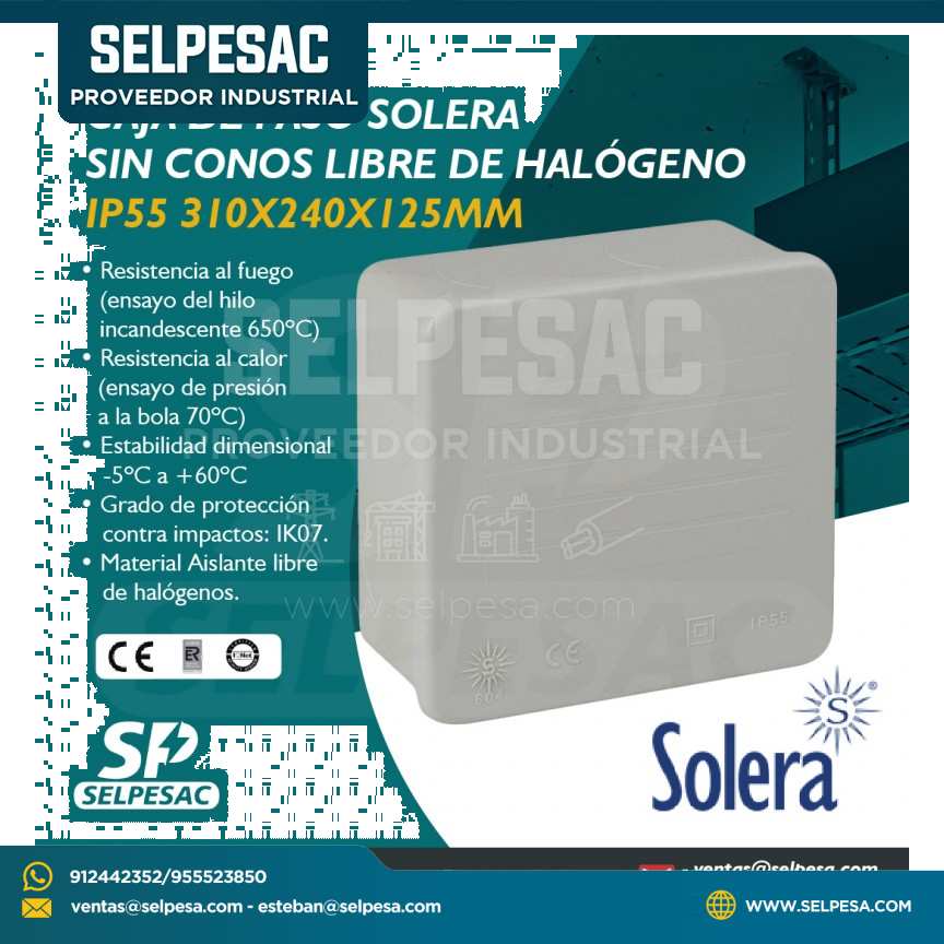 SOLERA - CAJA DE PASO S/CONOS LIBRE DE HALÓGENO IP 55 310X240X125MM