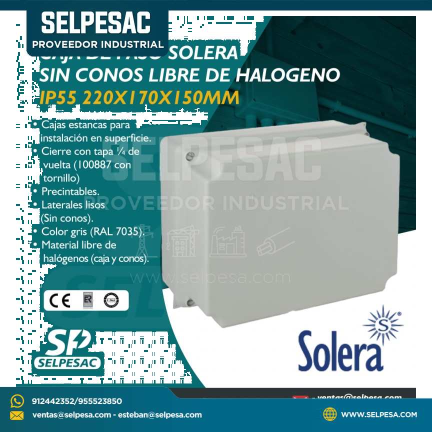 SOLERA- CAJA DE PASO S/CONOS LIBRE DE HALÓGENO IP 55 220X170X150MM
