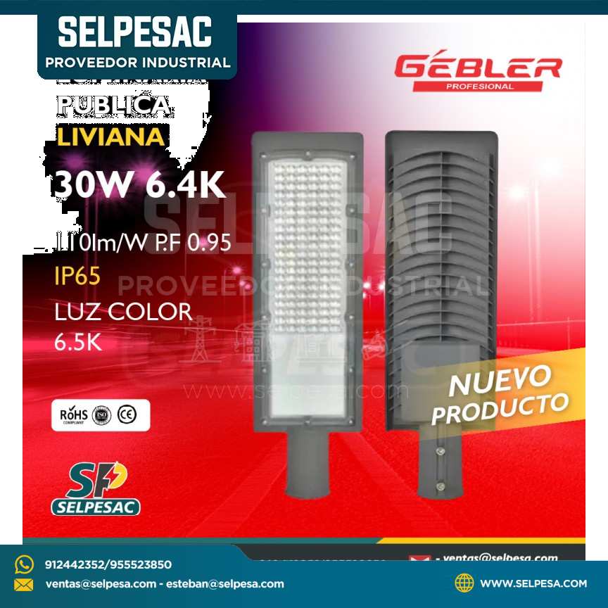 GEBLER - LUMINARIA PÚBLICA LIVIANA 30W 6.4K 110LM-W PF. 0.95 IP65