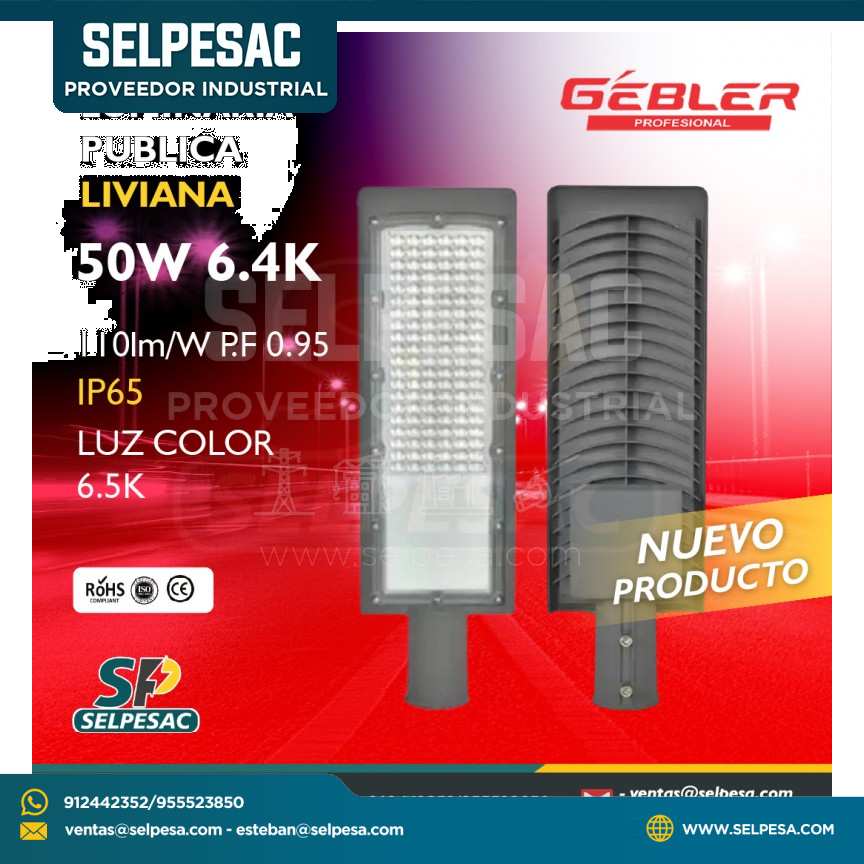 GEBLER - LUMINARIA PÚBLICA LIVIANA 50W 6.4K 110LM/W PF. 0.95 IP65