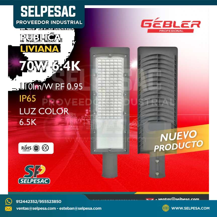 GEBLER - LUMINARIA PÚBLICA LIVIANA 70W 6.4K 110LM/W PF. 0.95 IP65