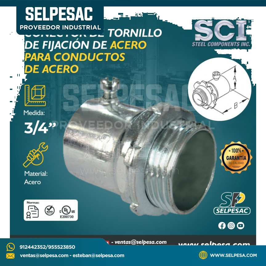 SCI - CONECTOR CON TORNILLO DE FIJACIÓN DE ACERO PARA TUBO EMT 3/4´´