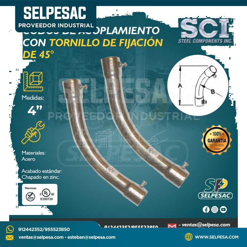 SCI - CODOS DE ACOPLE CON TORNILLO DE FIJACIÓN DE 45° PARA TUBO DE 4´´