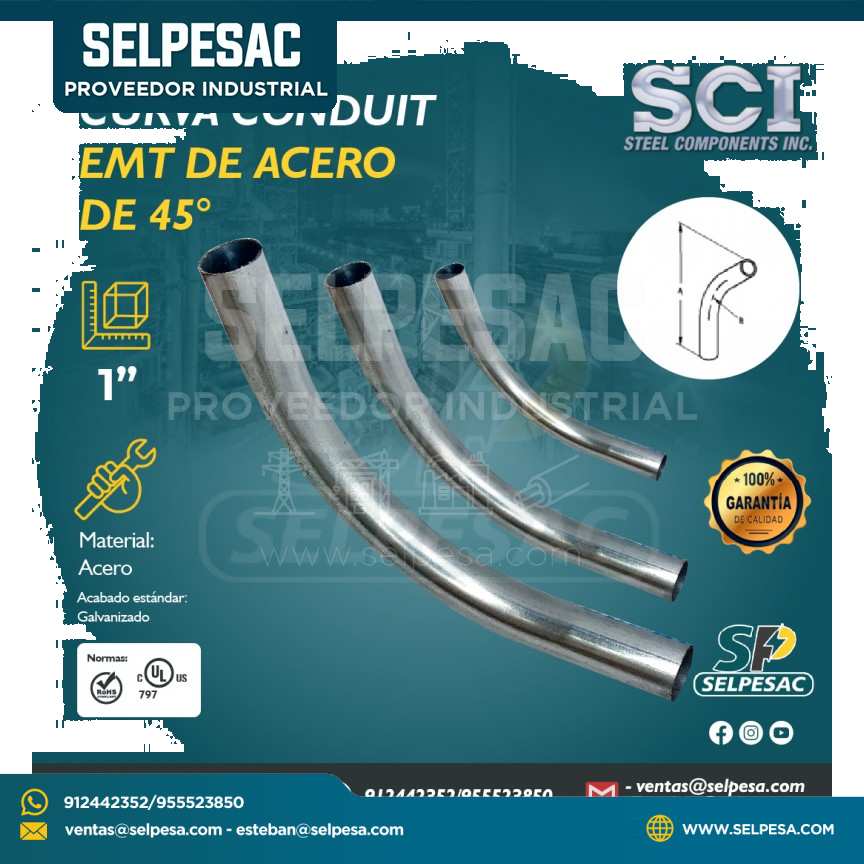 SCI - CURVA CONDUIT EMT DE ACERO GALVANIZADO DE 45° 1´´