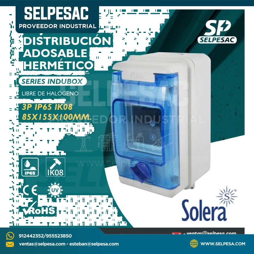 SOLERA - CAJA DE DISTRIBUCIÓN ADOSA. HERMÉT.LIBRE HALOG. 3P IP65 IK08 85X155X100MM