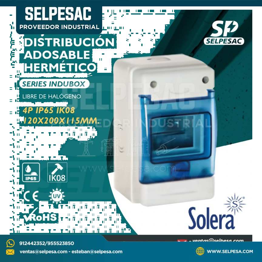 SOLERA - CAJA DE DISTRIBUCIÓN ADOSA. HERMÉT.LIBRE HALOG. 4P IP65 IK08 120X200X155MM