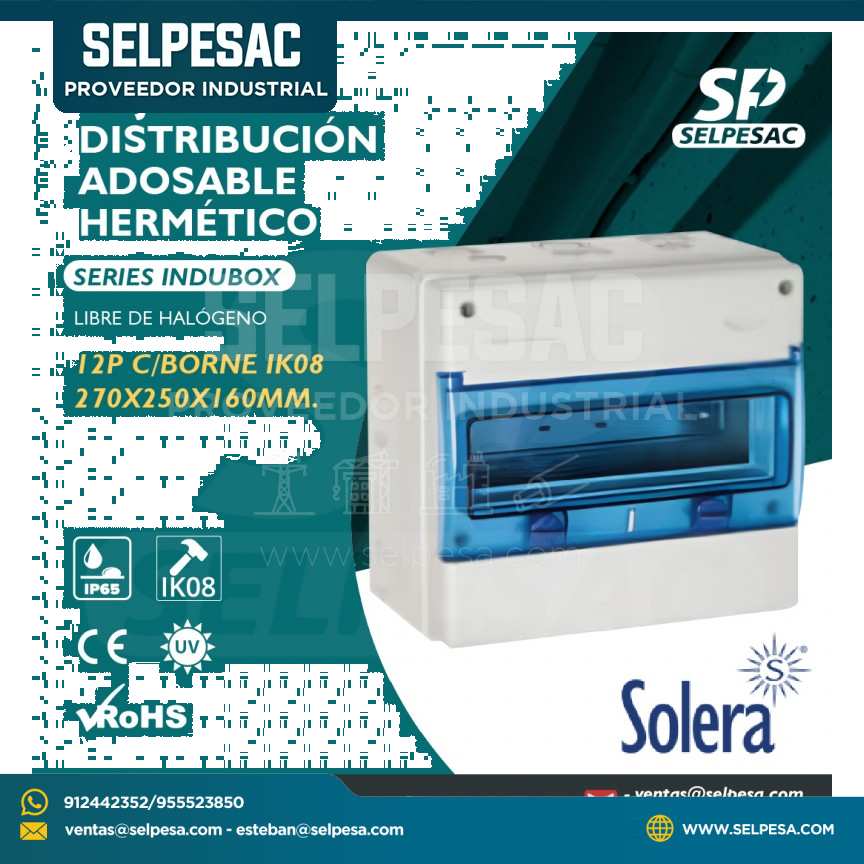 SOLERA - CAJA DE DISTRIBUCIÓN ADOSA. HERMÉT.LIBRE HALOG. C/BORNE 12P IP65 IK08 220X250X160MM