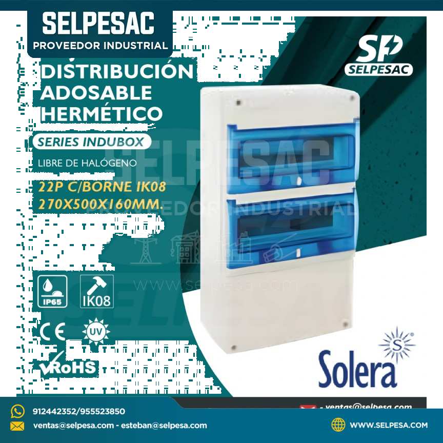 SOLERA - CAJA DE DISTRIBUCIÓN ADOSA. HERMÉT.LIBRE HALOG. C/BORNE 22P IP65 IK08 270X500X160MM
