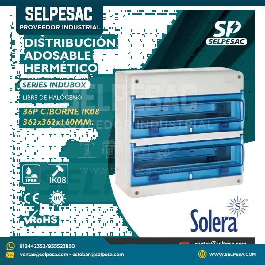 SOLERA - CAJA DE DISTRIBUCIÓN ADOSA. HERMÉT.LIBRE HALOG. C/BORNE 36P IP65 IK08 362X362X160MM