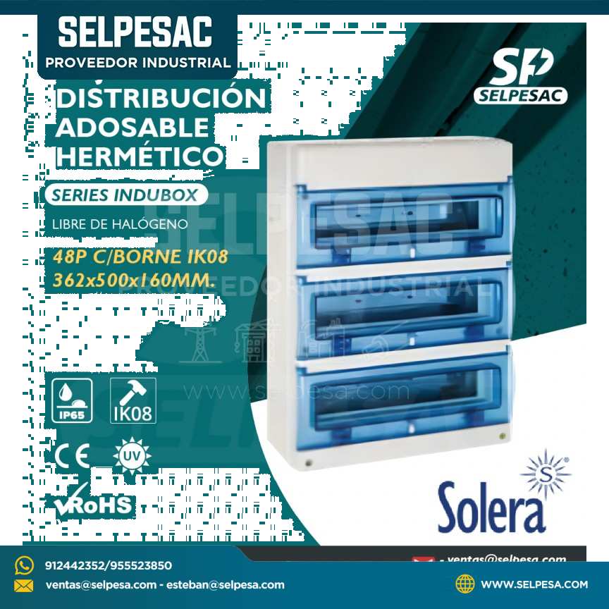SOLERA - CAJA DE DISTRIBUCIÓN ADOSA. HERMÉT.LIBRE HALOG. C/BORNE 48P IP65 IK08 362X500X160MM