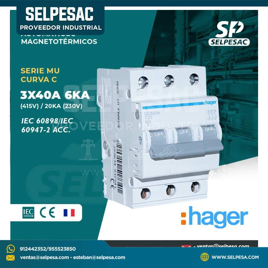 HAGER - INTERRUPTOR TERMOMAGNÉTICOS SERIE MU CURVA ´C´ 3X40A 6KA (415V)/ 20KA (230V)