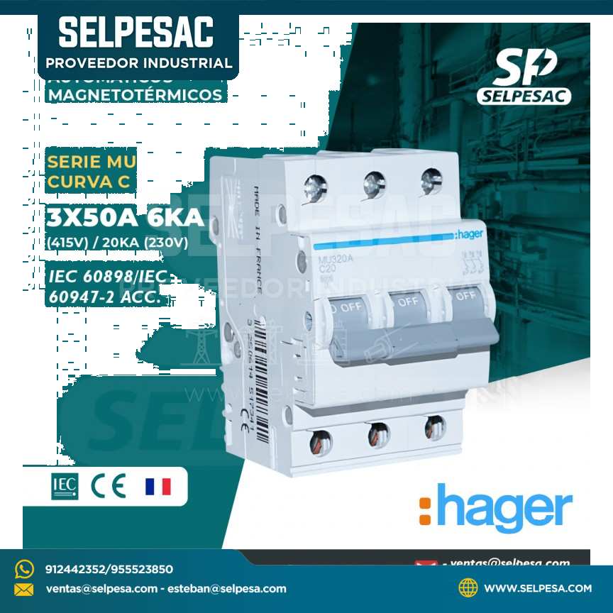 HAGER - INTERRUPTOR TERMOMAGNÉTICOS SERIE MU CURVA ´C´ 3X50A 6KA (415V) 20KA (230V)