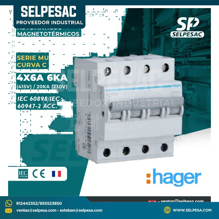 HAGER - INTERRUPTOR TERMOMAGNÉTICOS SERIE MU CURVA ´C´ 4X6A 6KA (415V)/ 20KA (230V)