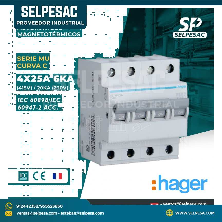 HAGER - INTERRUPTOR TERMOMAGNÉTICOS SERIE MU CURVA ´C´ 4X25A 6KA (415V)/ 20KA (230V)