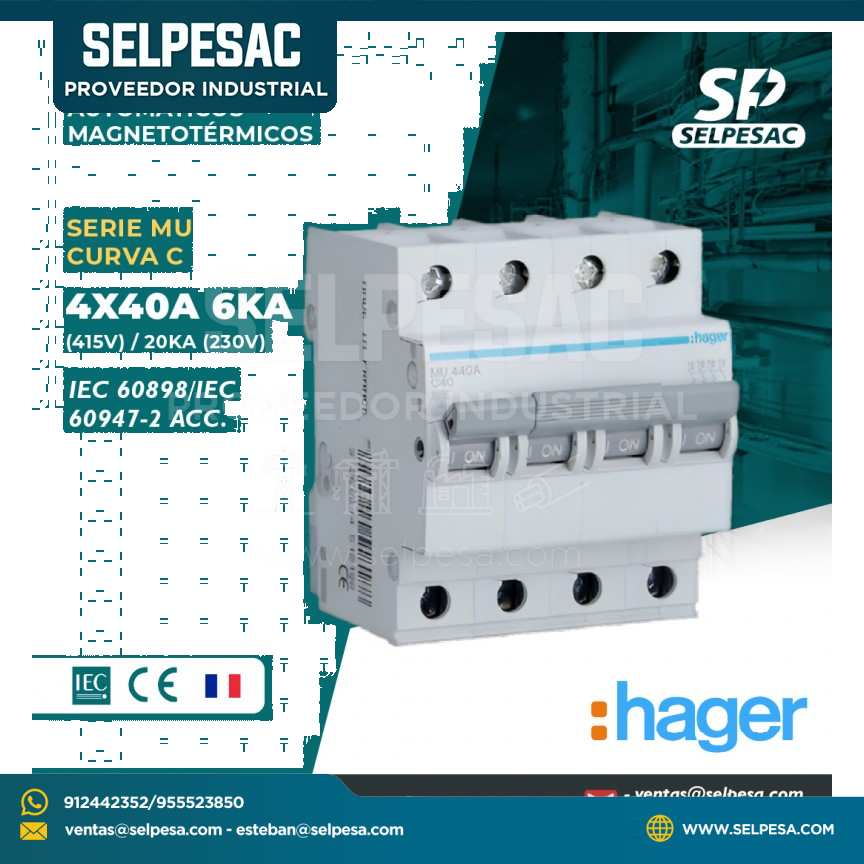 HAGER - INTERRUPTOR TERMOMAGNÉTICOS SERIE MU CURVA ´C´ 4X40A 6KA (415V) / 20KA (230V)