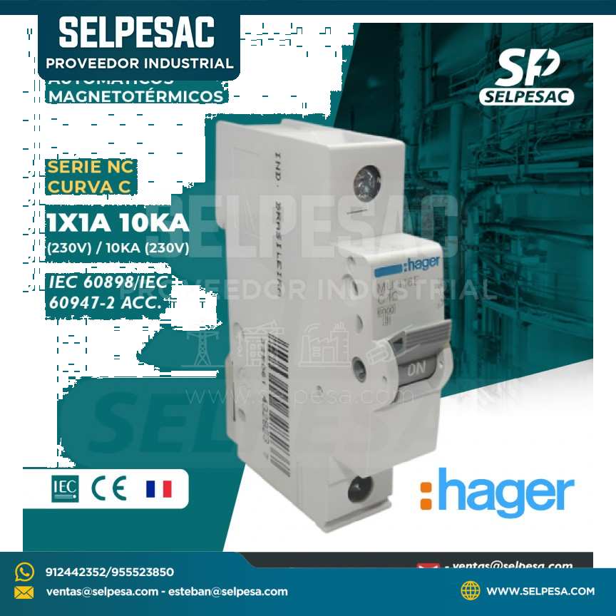 HAGER - INTERRUPTOR TERMOMAGNÉTICOS SERIE NC CURVA ´C´ 1X1A 10KA (230V)/ 10KA (230V)