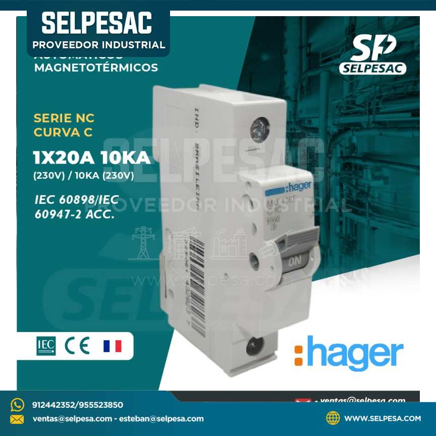 HAGER - INTERRUPTOR TERMOMAGNÉTICOS SERIE NC CURVA ´C´ 1X20A 10KA (230V)/ 10KA (230V)