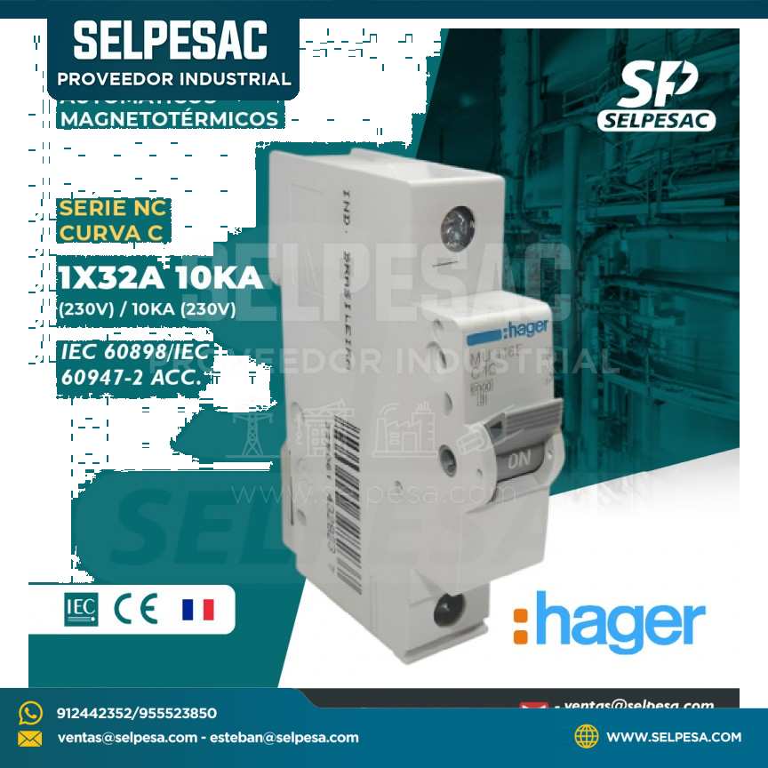 HAGER - INTERRUPTOR TERMOMAGNÉTICOS SERIE NC CURVA ´C´ 1X32A 10KA (230V)/ 10KA (230V)