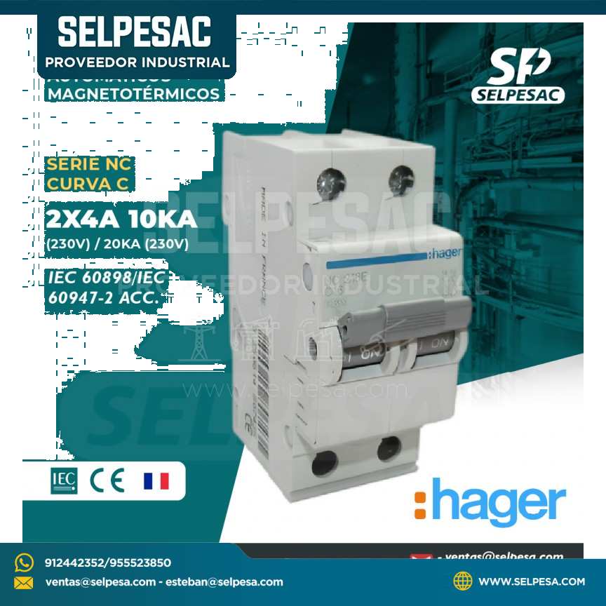 HAGER - INTERRUPTOR TERMOMAGNÉTICOS SERIE NC CURVA ´C´ 2X4A 10KA (230V) / 20KA (230V)