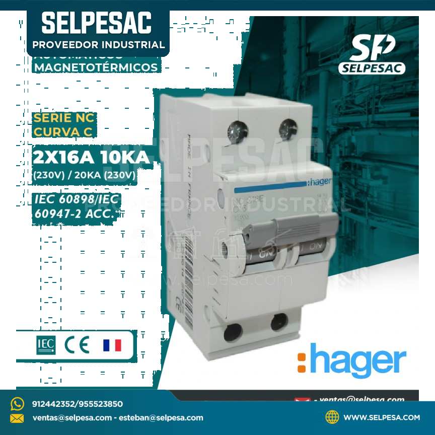 HAGER - INTERRUPTOR TERMOMAGNÉTICOS SERIE NC CURVA ´C´ 2X16A 10KA (230V)/ 20KA (230V)