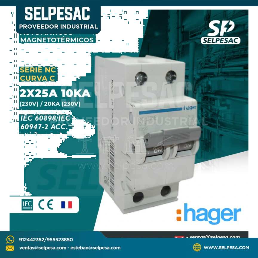 HAGER - INTERRUPTOR TERMOMAGNÉTICOS SERIE NC CURVA ´C´ 2X25A 10KA (230V) / 20KA (230V)