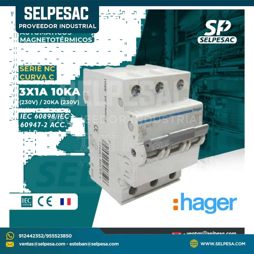HAGER - INTERRUPTOR TERMOMAGNÉTICOS SERIE NC CURVA ´C´ 3X1A 10KA (230V)/ 20KA (230V)