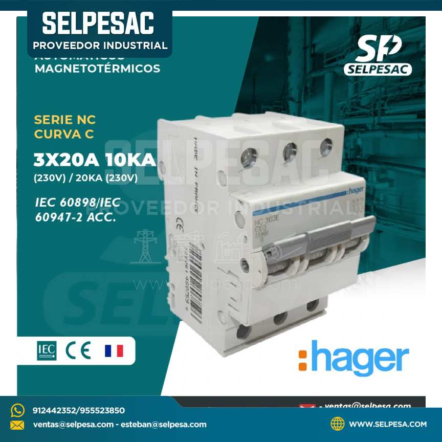 HAGER - INTERRUPTOR TERMOMAGNÉTICOS SERIE NC CURVA ´C´ 3X20A 10KA (230V) /20KA (230V)