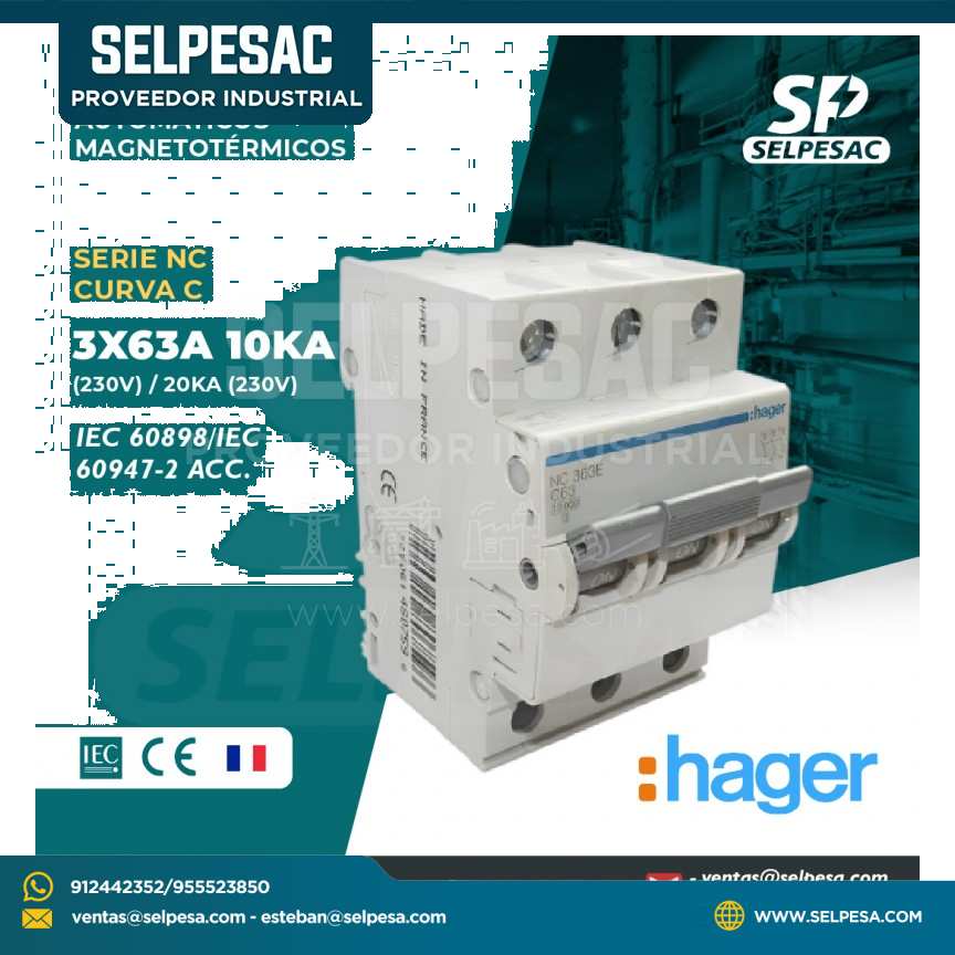 HAGER - INTERRUPTOR TERMOMAGNÉTICOS SERIE NC CURVA ´C´ 3X63A 10KA (230V) 20KA (230V)