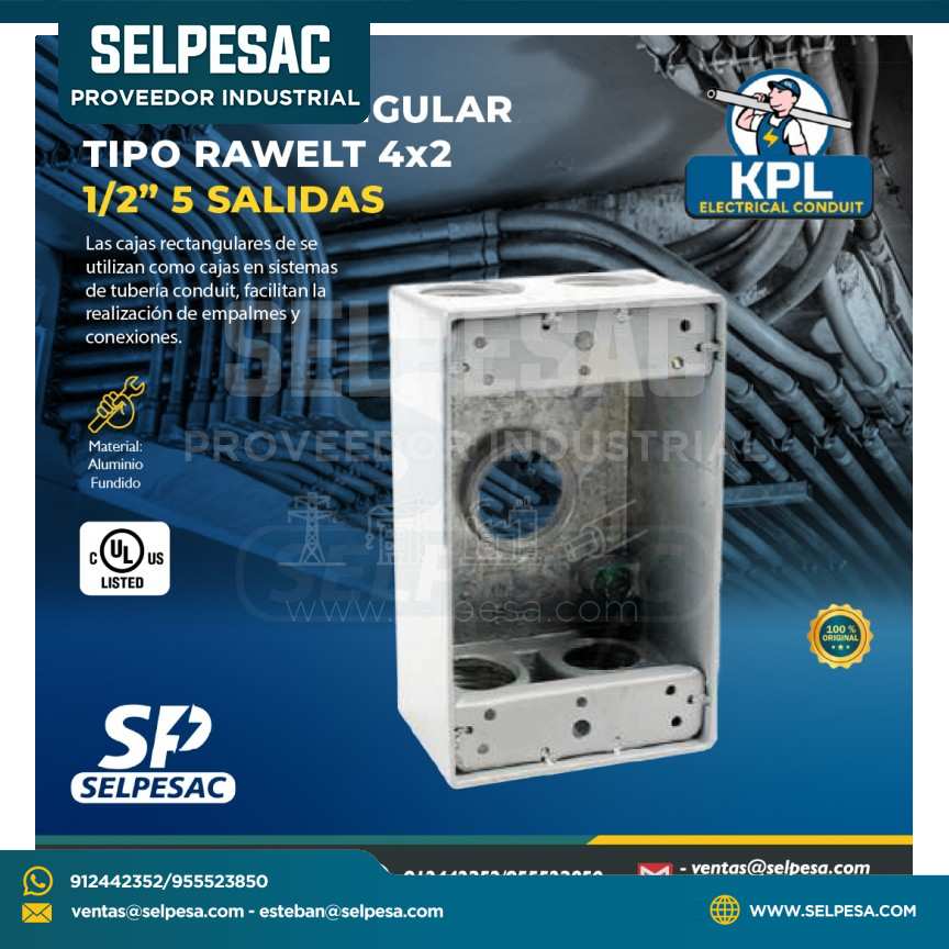 KPL - CAJA RECTANGULAR TIPO RAWELT 4X2 DE 5 SALIDAS 1/2´´