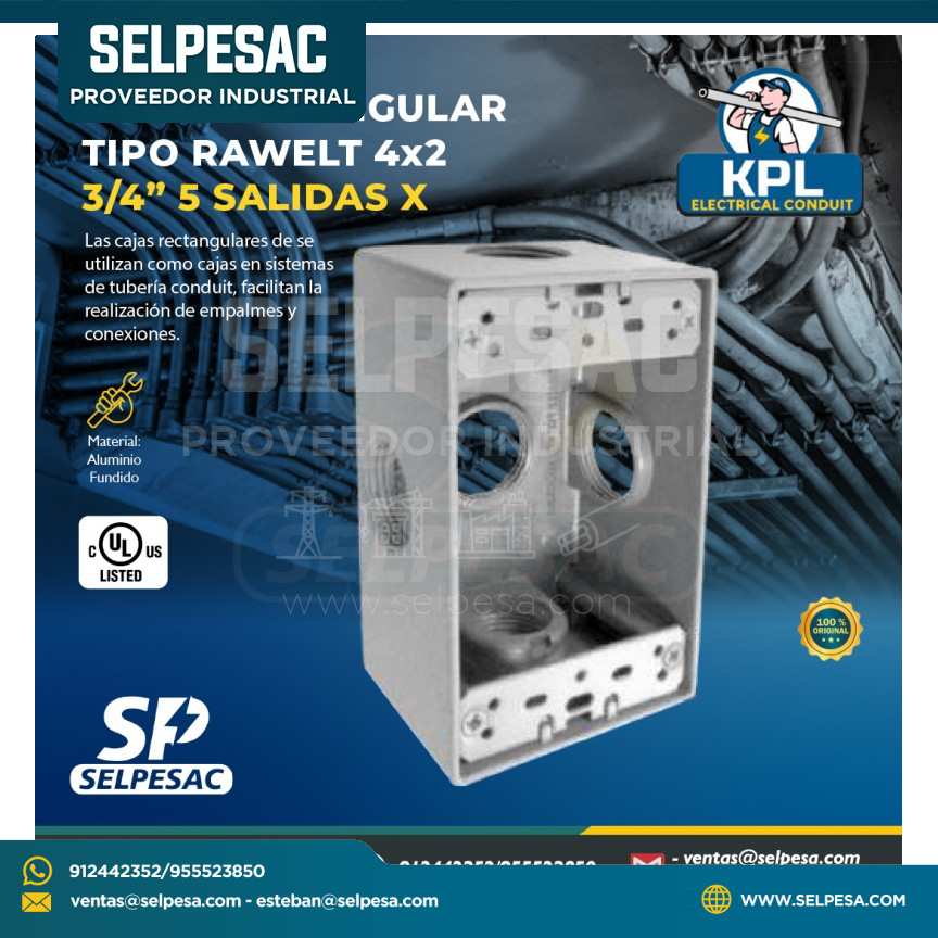 KPL - CAJA RECTANGULAR TIPO RAWELT 4X2 DE 5 SALIDAS X 3/4´´